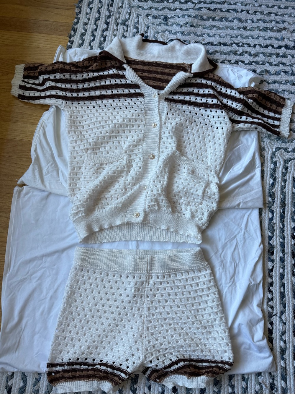 Cream Knit Short Set with Brown Stripe Accents - Women's Cardigan & Shorts